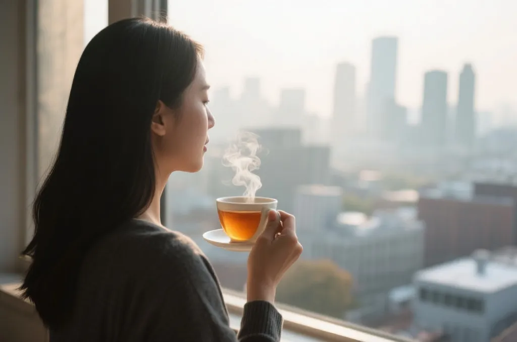 一位冷静的人手里端着一杯热茶,望着窗外宁静的城市晨景,象征着耐心、冷静与策略