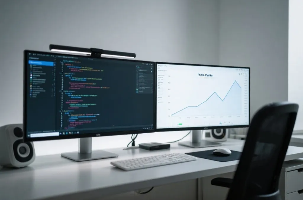 Modern data analyst workspace showing Python pandas code and a clean line chart on a dual monitor setup